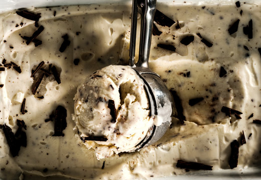 Creamy Ice Cream With Chocolate Chips In A Scoop For Ice Cream.