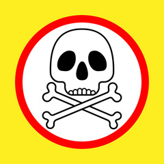 Skull with crossbones caution symbol, on yellow background.