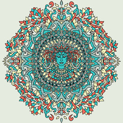 Abstract mandala ornament. Asian pattern. Authentic background. Vector illustration. Blue Kali face.