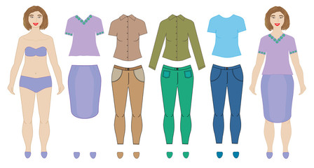 Dolls (woman) and collection of clothes, vector