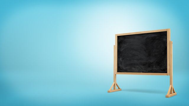 3d rendering of a single black chalkboard with white smudges stands on a wooden frame on blue background.