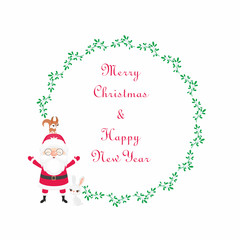 Christmas round floral frame with the image of a cute woodland animals and Santa. Vector background.