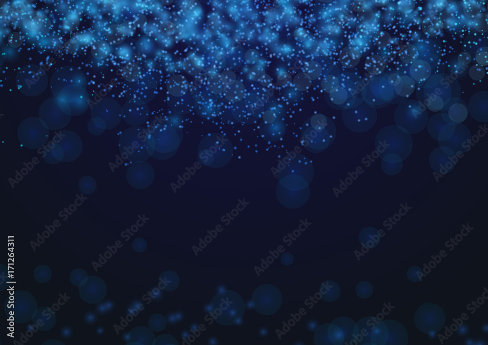 Wall mural dark blue light abstract glittering bokeh background. festive new year card layout template