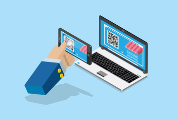 isometric payment and online shopping by qr code with smartphone, business concept