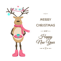 Smiling reindeer cartoon character isolated on white background. Horns decorated with toy baubles and colorful birds. Merry Christmas Happy New Year card template with text placeholder.