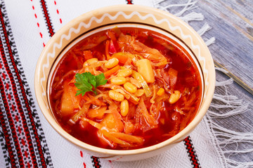 Borsht, bortsch, borshch, borscht. Soup, associated with cuisine of Ukraine, Russia and Poland, horizontal