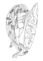 девушка серфингист с длинными волосами идет по берегу с доской для серфинга