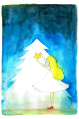 クリスマスの飾りをつける女の子