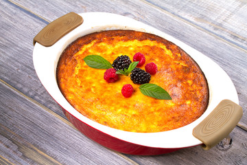 Sweet farmer cheese (cottage cheese) casserole. Homemade cheese cake. Closeup on table, horizontal