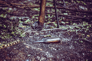 A glass beer bottle lies on the scorched ground