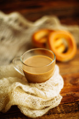 Hot chocolate in mug with marshmallows, wrapped in a woollen scarf