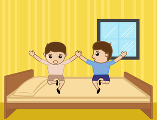 Funny Kids Playing on Bed