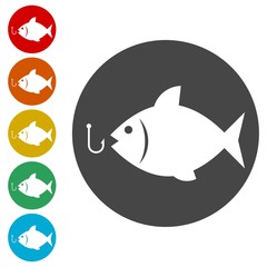 Fish and fish hook icons set - Illustration 