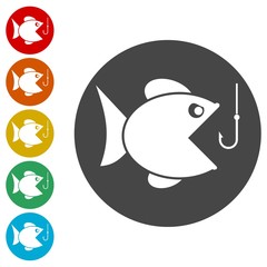 Fish and fish hook icons set - Illustration 