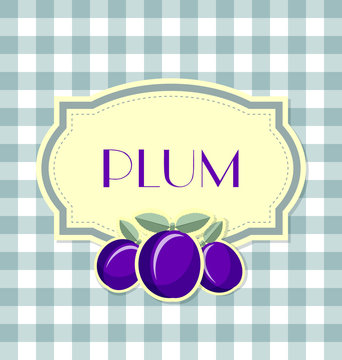Plum label in retro style on squared background