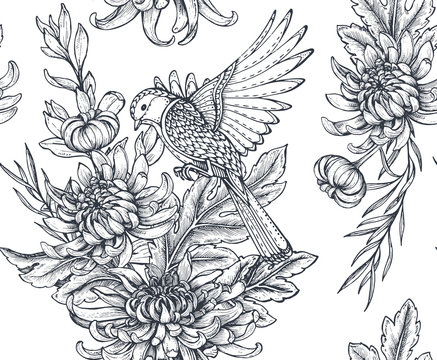 Vector seamless pattern with hand drawn chrysanthemum flowers