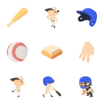 Baseball equipment icons set, cartoon style
