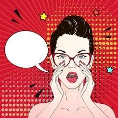 Pop art surprised woman face with open mouth in glasses loudly talks about something. Vector illustration.