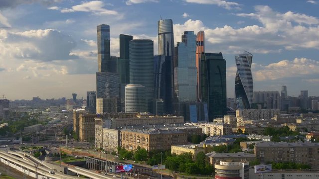 sunny summer day moscow city block traffic ring road aerial panorama 4k russia

