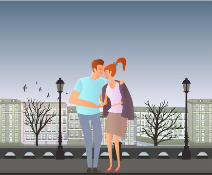Young couple in love. Man and woman on a romantic date in the street of the old town. A man hugs a woman. Vector illustration.