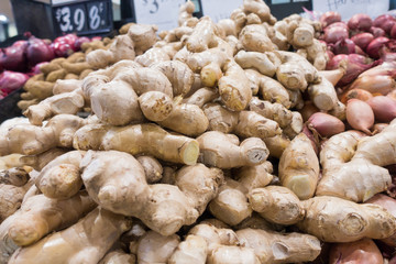 Pile of fresh ginger root.