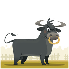 Cartoon angry and super strong bull mascot character vector illustration