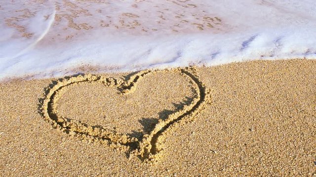 The drawing heart on sand. Heart is washed away by a sea wave.