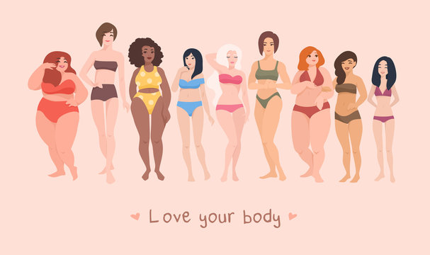 Multiracial women of different height, figure type and size dressed in swimsuits standing in row. Female cartoon characters. Body positive movement and beauty diversity. Vector illustration.