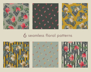 Set of 6 seamless floral patterns. Cyclamen flower vector seamless backgrounds