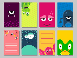 Colorful funny cards set with cute monsters. Templates for birthday, anniversary, party invitations