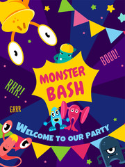 Monster bash. Party card. Invitation poster. Vector template.