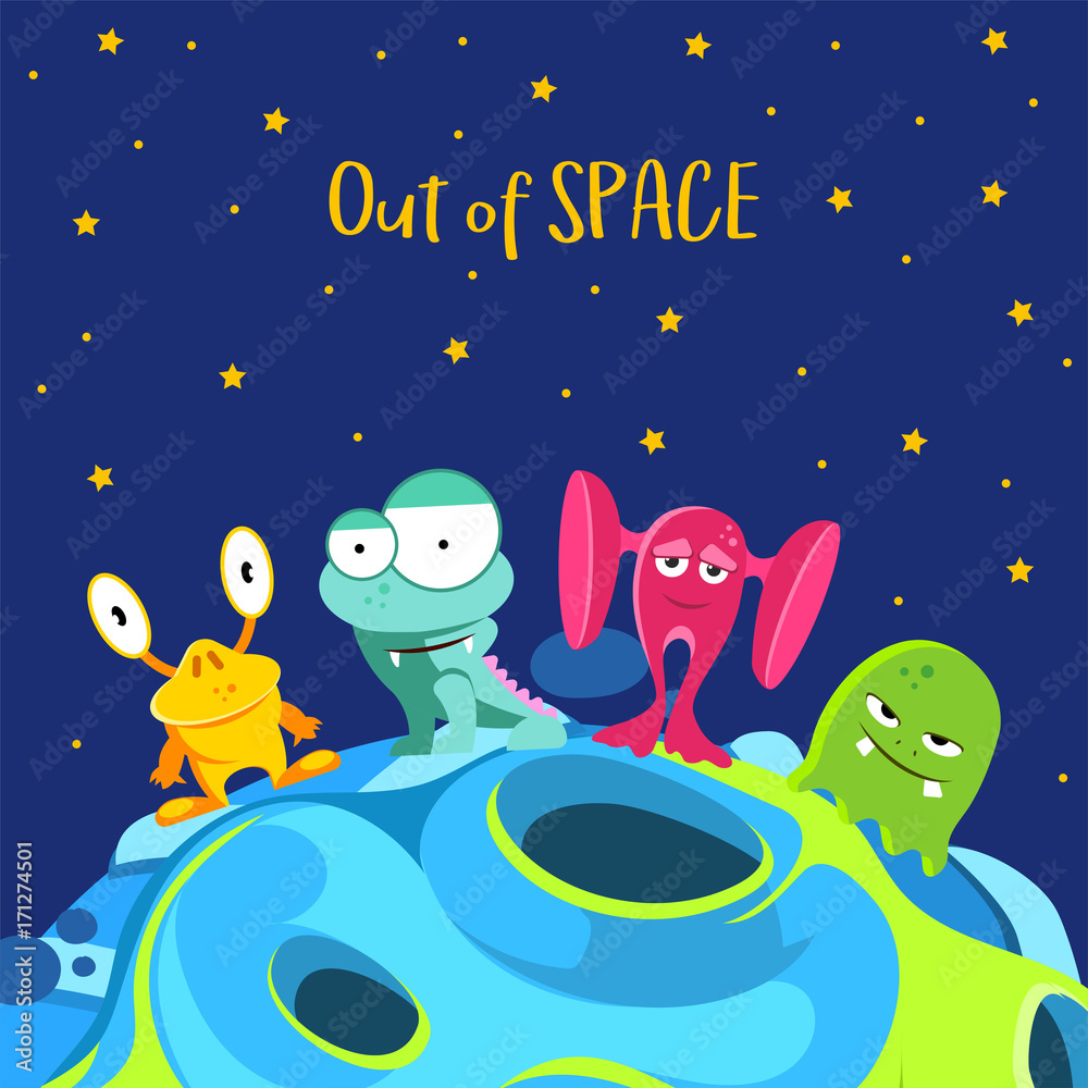 Poster Out of space. Spaceship background with monsters in cartoon style