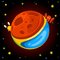 Naklejka premium Fantasy cartoon planet with aliens. Vector illustration.