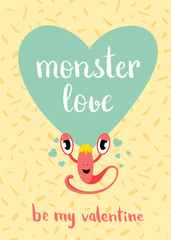 Vector Valentines Day monster love card with blue heart, cute monster and lettering on confetti background