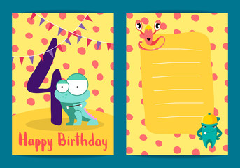 Vector happy birthday card with cute cartoon monsters and age four number