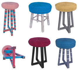 Handmade stool wooden multicolored patterns. Multicolor seats of different materials and various...