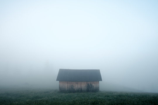Fototapeta Remote house on foggy meadow