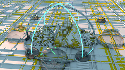 Astronave spaziale, città del futuro, fantascienza, sci-fi, parallelepipedi, centro urbano, unità abitative, spazio. Base spaziale © Naeblys