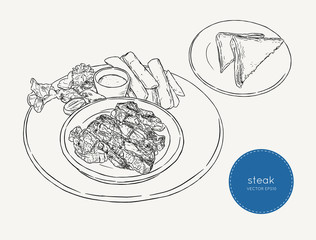 sliced beef steak ,hand draw sketch food vector.