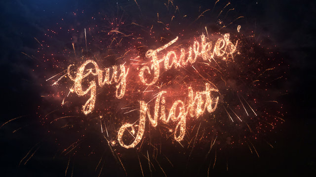 Happy Guy Fawkes' Night greeting text with particles and sparks on black night sky with colored slow motion fireworks on background, beautiful typography magic design.