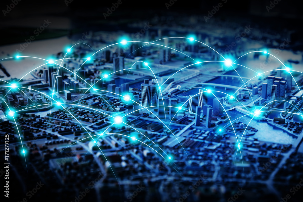 Poster smart city and communication network concept. internet of things. information communication network.