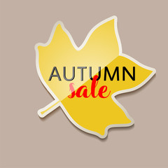 Autumn sale banner with yellow fall tulip tree leaf . Vector illustration with yellow autumn tulip tree leaf. Yellow sticker for autumn sale with leaf. Fall discount.