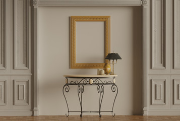 Classic furniture Golden photo frame,Classic wall, 3D-rendering