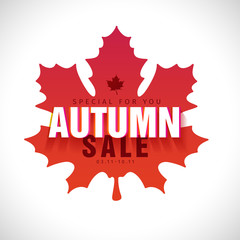 Simplemodern design  banner of the fall sale. Sign with Autumn text on a red silhouette background of a maple leaf. Poster for promotion, offer and discount. Vector.