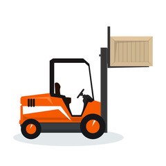 Orange Forklift Truck Isolated on White Background, Vehicle Forklift Lifted the Box Up, Vector Illustration