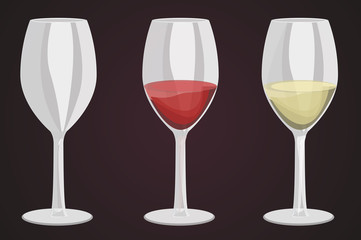 empty wine glass, red wine glass with white wine. vector illustration. white background