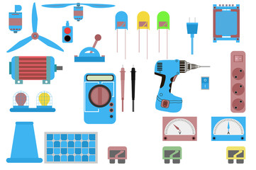 a set of devices of an electrician. multimeter, led, motor, electric motor, solar panels, switch