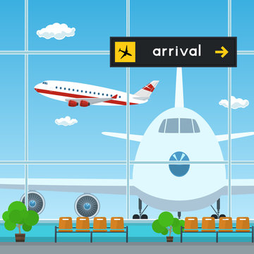 Waiting Room and Scoreboard Arrivals at the Airport , View on Airplanes through the Window from a Waiting Room , Travel Concept, Flat Design, Vector Illustration