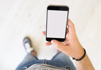 male hand white screen smart phone