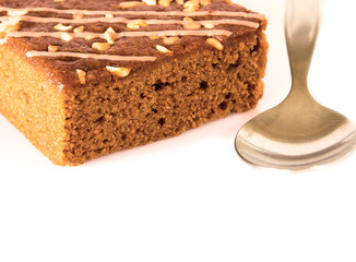 Small pieces caramel coffee cake isolated on white background